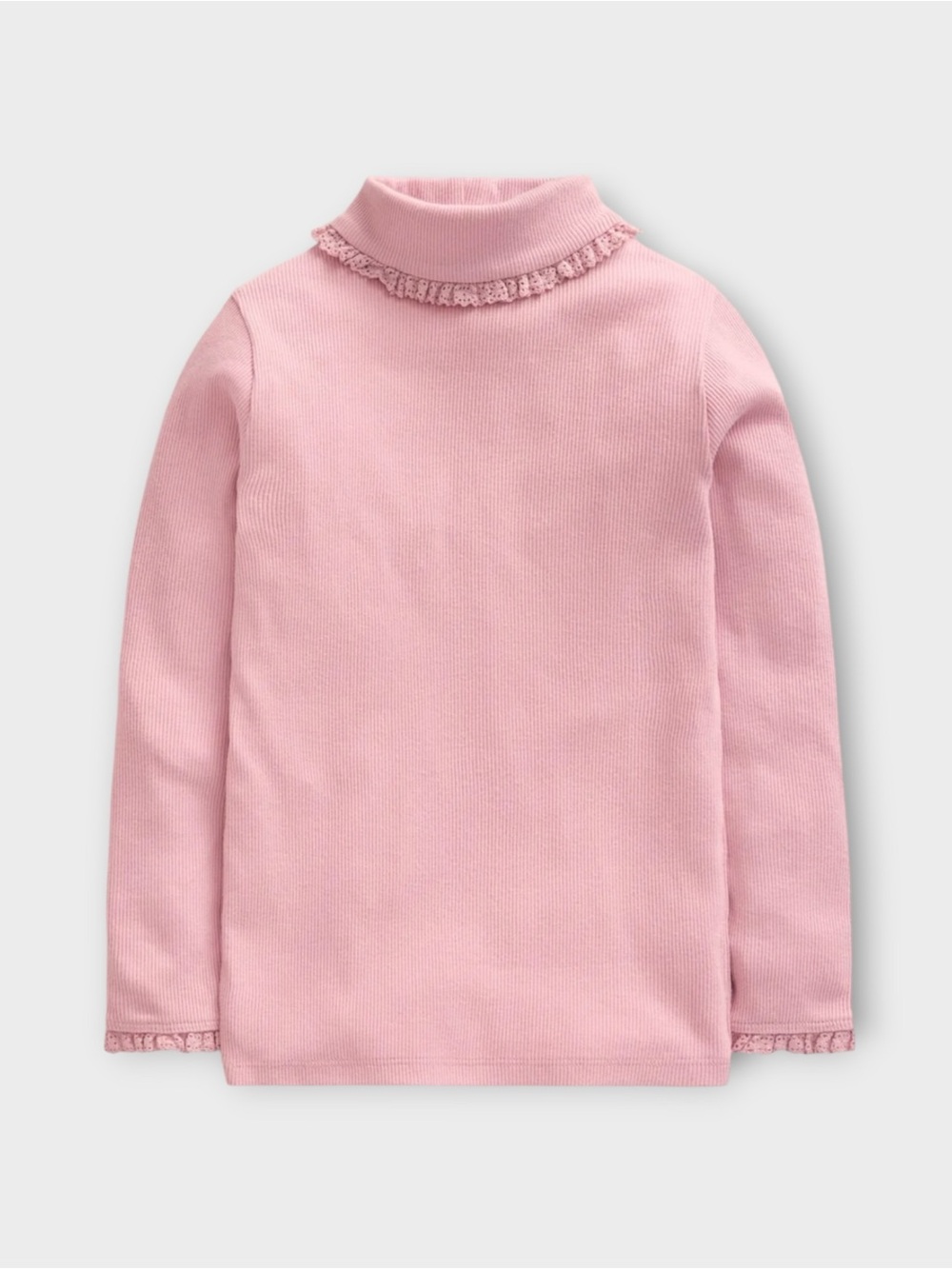 Mini Boden Ribbed Lace Trim Roll Neck Long Sleeve Pink Top